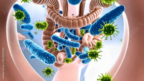 Human intestine illustration showing microbes, bacteria, and microorganisms. Focus on gut flora and digestive system health.