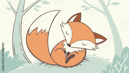Adorable Cartoon Fox Curled Up in a Forest Setting