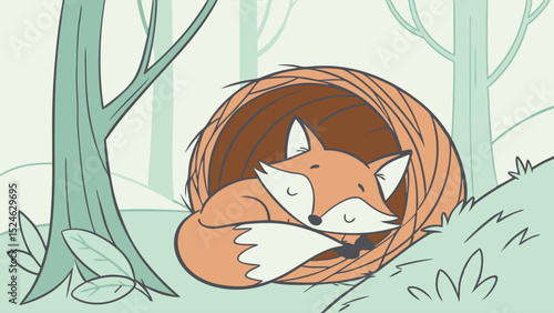 Cartoon Fox Sleeping Curled Up in a Nest