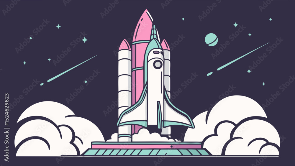 Fototapeta premium Cartoon Rocket Launching into Space with Stars and Clouds