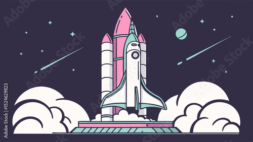 Cartoon Rocket Launching into Space with Stars and Clouds