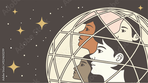 Diverse Women Contemplating the Universe Within a Geometric Sphere
