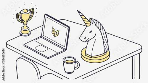 Illustration of a Unicorn Laptop and Trophy on Desk