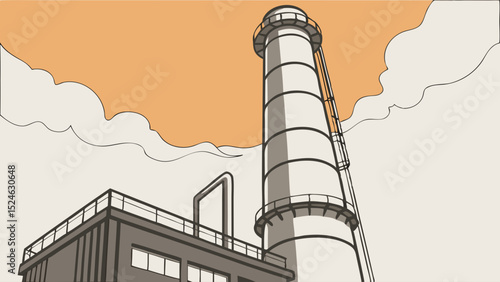 Industrial Building with Tall Chimney and Smoke