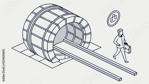 Isometric Illustration of a Man Walking Towards a Tunnel
