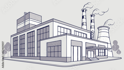 Line art illustration of a factory building with smokestacks and trees