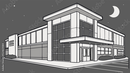 Modern Building Exterior at Night with Moon and Stars