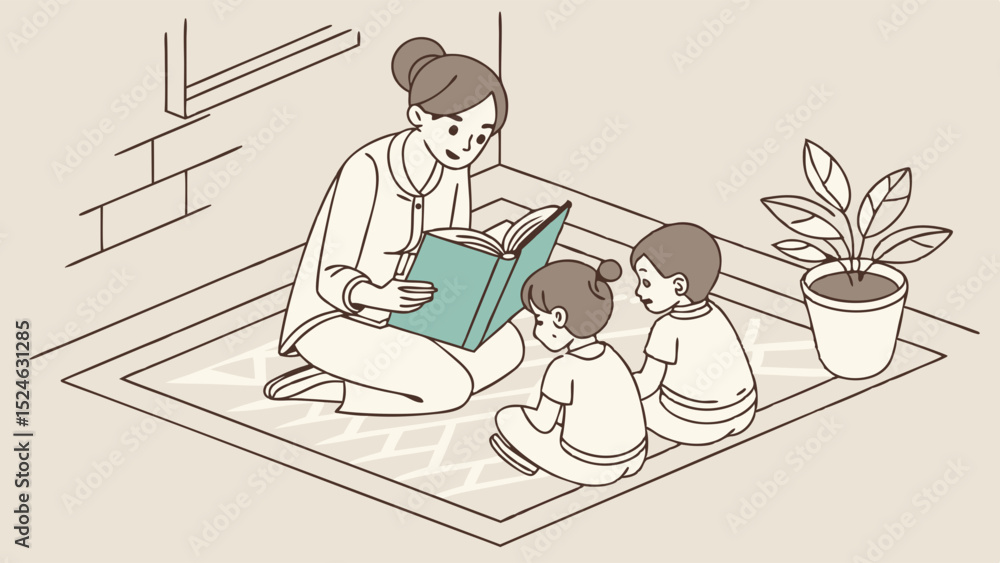 Fototapeta premium Mother Reading a Book to Two Children on a Rug