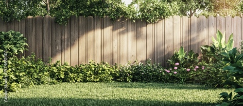 Charming garden scene with wooden fence, lush greenery, and vibrant flowers