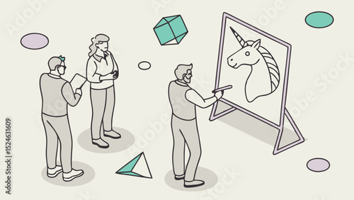 Team Drawing a Unicorn on Easel with Geometric Shapes
