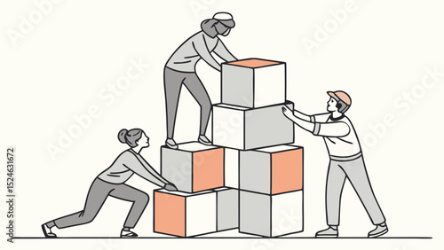 Teamwork Building a Structure with Boxes in Illustration