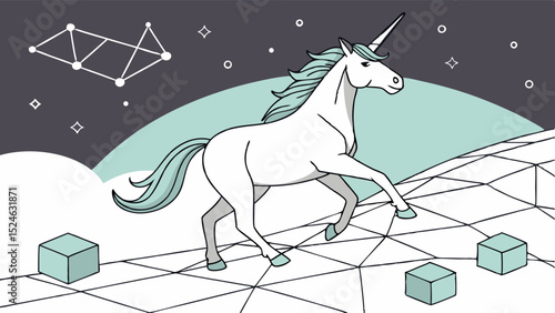 White Unicorn Galloping Across Geometric Landscape
