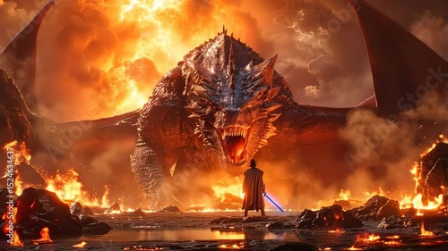 Epic battle between a warrior and a massive dragon in a fiery landscape, showcasing intense action