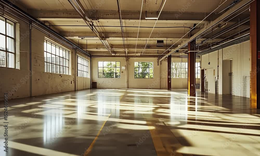 Sunlit Empty Factory Interior With Large Windows Concrete Floor and Industrial Architecture With Yellow Line Accents Sunlit Empty Factory Interior With Large Windows Concrete Floor and Industrial Architecture With Yellow Line Accents