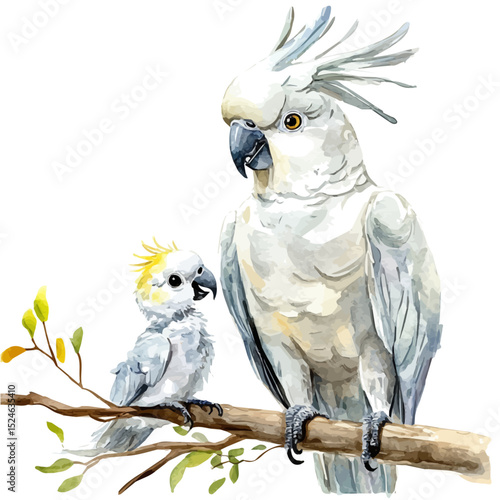 A Mother Cockatoo With Her Kid, watercolor illustration vector, high quality, isolated on a white background.