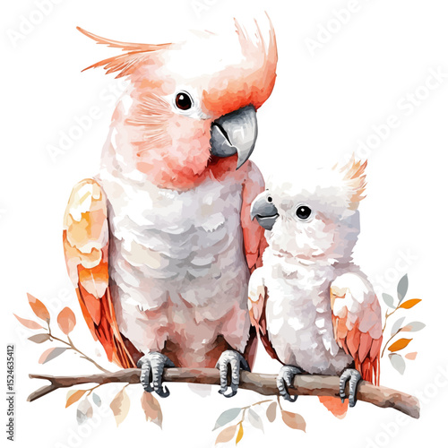 A Mother Cockatoo With Her Kid, watercolor clipart vector, high quality, isolated on a white background.