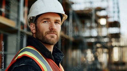 A young European male construction worker wearing a safety helmet and reflective vest, confidently posing at a construction site with scaffolding in the background.