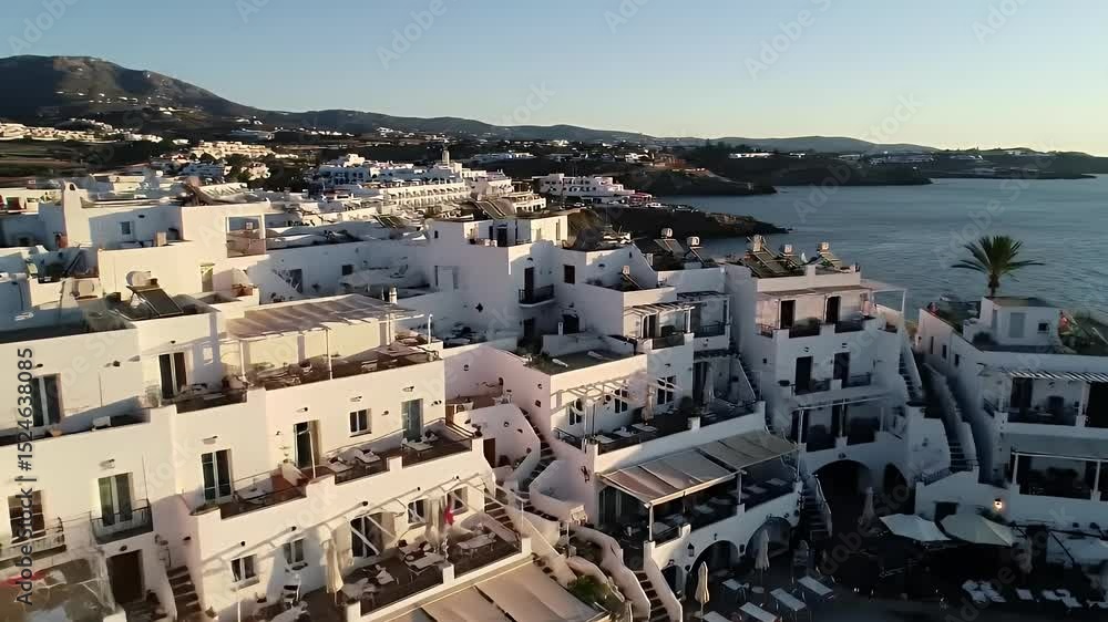 Coastal village with whitewashed buildings cascading down towards the ocean. Sun-kissed rooftops and outdoor seating areas offer a relaxed atmosphere Coastal village with whitewashed buildings cascading down towards the ocean. Sun-kissed rooftops and outdoor seating areas offer a relaxed atmosphere