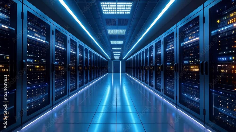 Endless hallway with rows of network servers, reflecting shiny floor, and blue lights, data center concept, information technology Endless hallway with rows of network servers, reflecting shiny floor, and blue lights, data center concept, information technology