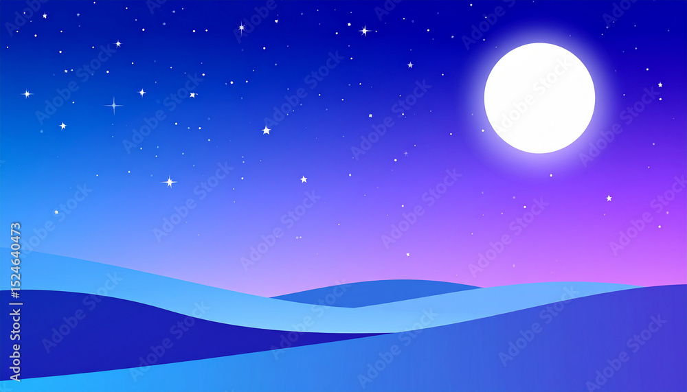 Fototapeta premium 青紫グラデーションに星と月が浮かぶシンプルな夜空背景 Simple Starry Night with Moon on Blue-Purple Gradient Background 