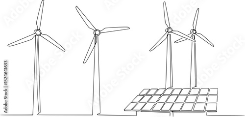 Single continuous line drawing of Renewable energy windmills and solar panels. Energy industrial Modern single line draw design vector graphic illustration