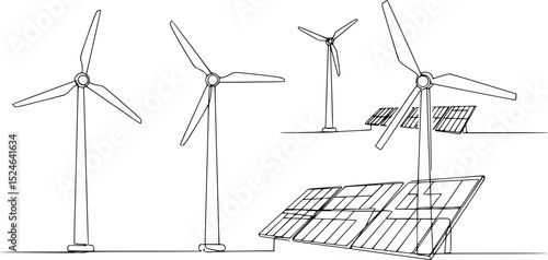 Single continuous line drawing of Renewable energy windmills and solar panels. Energy industrial Modern single line draw design vector graphic illustration