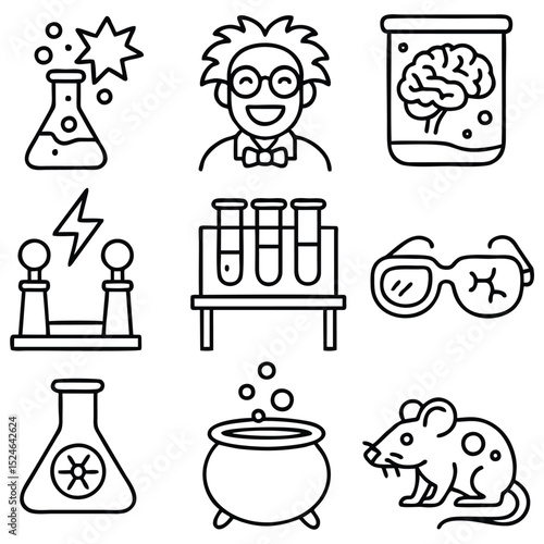 Mad Scientist Lab Icons – Black & White Outline Vector Set