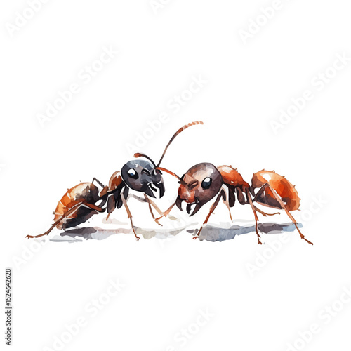 A Mother Ant With Her Kid, watercolor drawing vector, high quality, isolated on a white background.