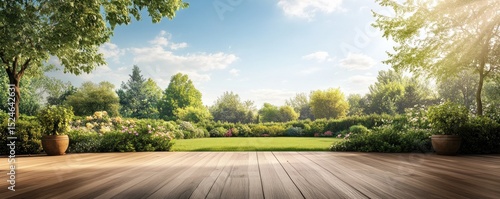 Serene backyard oasis with lush greenery, vibrant flowers, and inviting wooden deck perfect for relaxation and outdoor enjoyment
