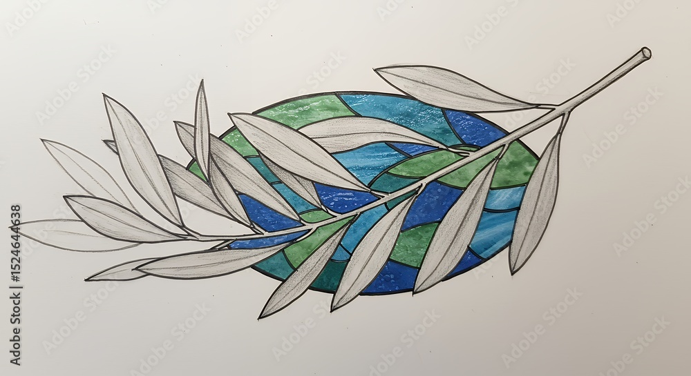 Obraz premium Olive Branch Drawing with Blue and Green Oval