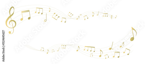 遠近感のあるゴールドの楽譜のフレームイラスト　五線譜　背景イラスト　音符、休符、音楽記号のイラスト