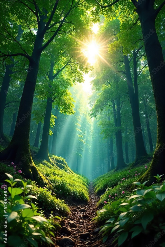 Obraz premium A breathtaking panoramic view of a lush forest canopy stretching to the sky, sunlight filtering through the leaves Perfect for nature, travel, and environmental themes , shadow, daylight