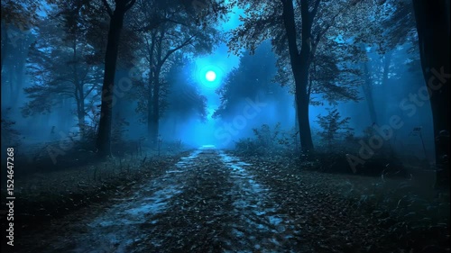 Mysterious glowing light orb floating in a foggy forest trail during a dark magical night