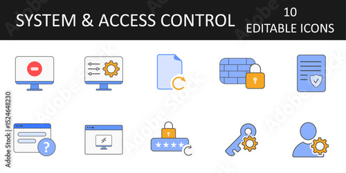 System and access control icon sheet featuring firewall lock, login help, user settings, password reset, denied access, admin panel, remote access, file recovery, security key, and IT policy document.