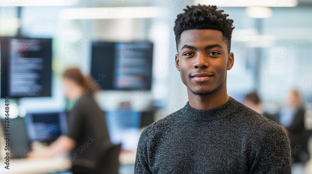 This portrait features a young Black man in a modern workspace. He exudes confidence and friendliness in a professional environment, showcasing contemporary style. This portrait features a young Black man in a modern workspace. He exudes confidence and friendliness in a professional environment, showcasing contemporary style.