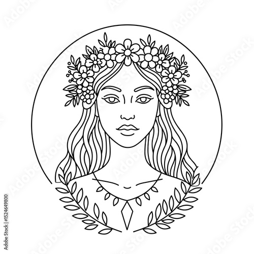 Woman with floral crown, perfect for solstice of Ivana Kupala. Elegant feminine portrait with flowers and leaves. Stylish graphic design for greeting cards, wedding invitations, and apparel.