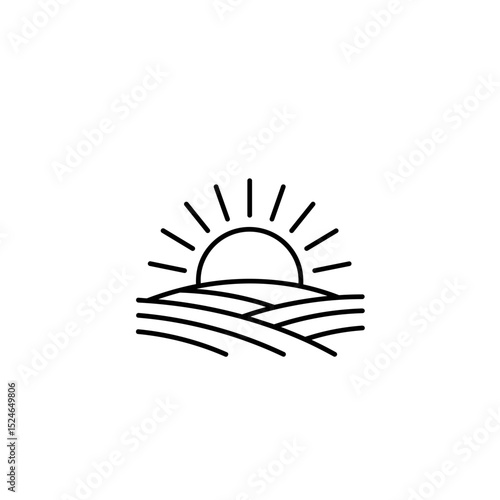 Simple sunrise over rolling hills landscape. Peaceful sunrise scene with sun rays and minimalist hills design. Perfect sunrise illustration for branding and logo design.