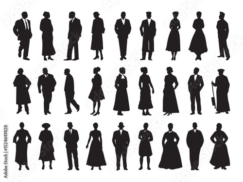 Diverse Silhouettes of People in Vintage Clothing