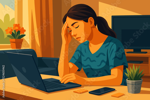 A woman sits at a table in a cozy, warmly lit living room, working on a laptop. She looks stressed or tired, resting her forehead on one hand while keeping the other on the laptop. On the table