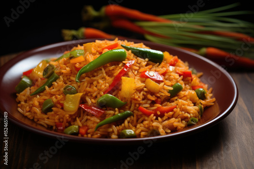 Indo Chinese Veg Schezwan Fried Rice consists of bell peppers green beans and carrot