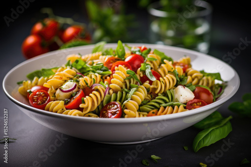 Italian cold pasta salad with fusilli tomato mozzarella olive and arugula served in a white bowl with fresh vegetables on a background