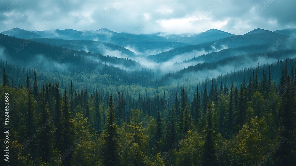 Obraz premium Misty mountain valley in evergreen forest