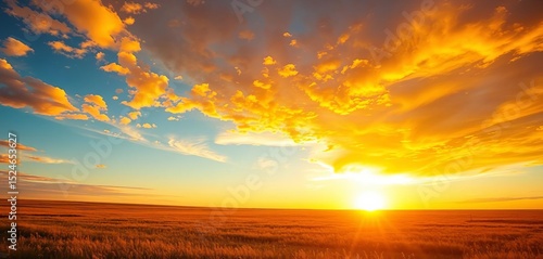 Fototapeta Naklejka Na Ścianę i Meble -  Vast prairie ablaze with golden sunset hues, North Dakota sky, travel, twilight