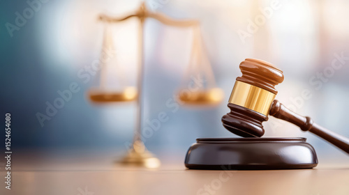Wooden judge's gavel and scales of justice on a desk, symbolizing law, fairness, and legal proceedings