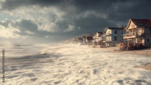 a coastline being swallowed by rising sea levels, with waves crashing into beachside houses and eroding the shoreline