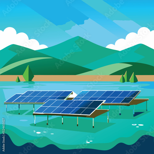 Clean Sky Vector Art of Interconnected Panels on a Calm Lake  