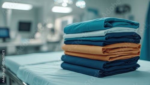 Neatly Stacked Medical Scrubs in Hospital Room