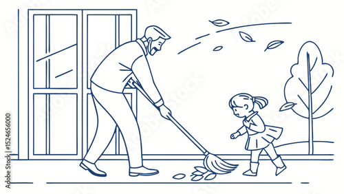 Line art: Father raking autumn leaves, daughter watches, wind blowing, domestic scene.