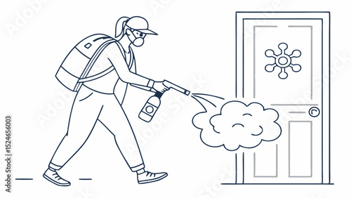 Line Art: Sanitizing Doorway with Backpack Sprayer, Protective Gear.