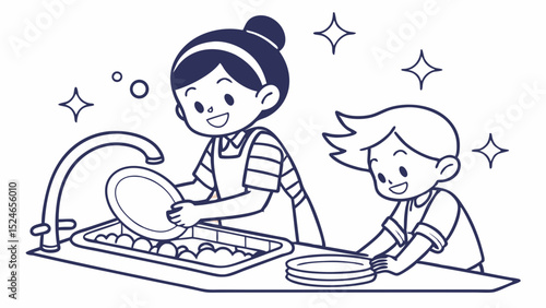 Mother and child washing dishes together, cheerful line art illustration.